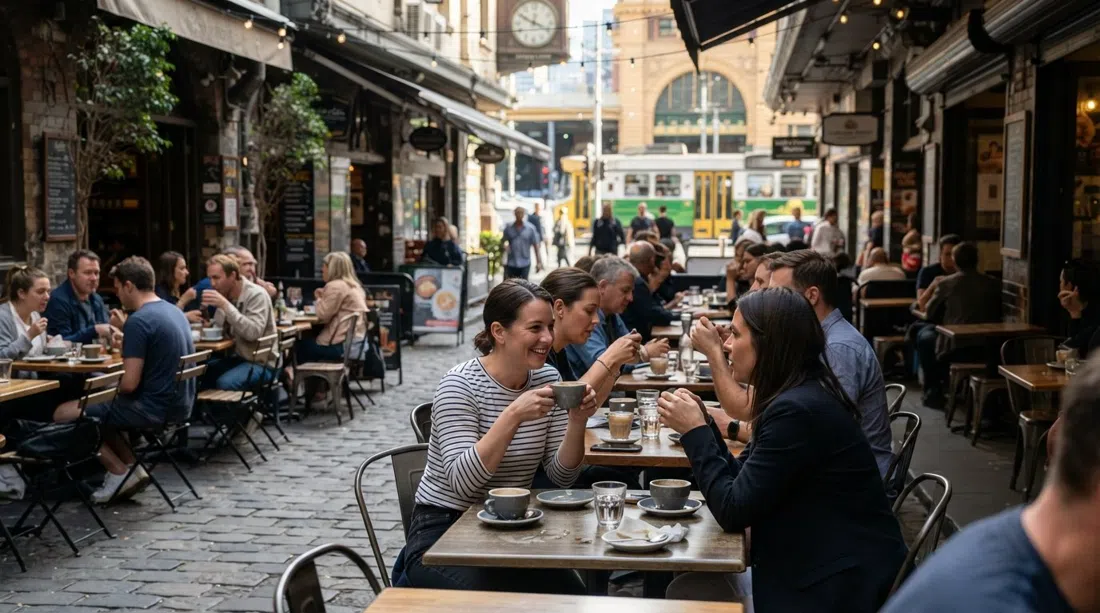 Degraves Street om morgenen, udendørsborde proppet under den smalle gade, espressokopper på underkopper, sporvognsstøj lige bag Flinders Street