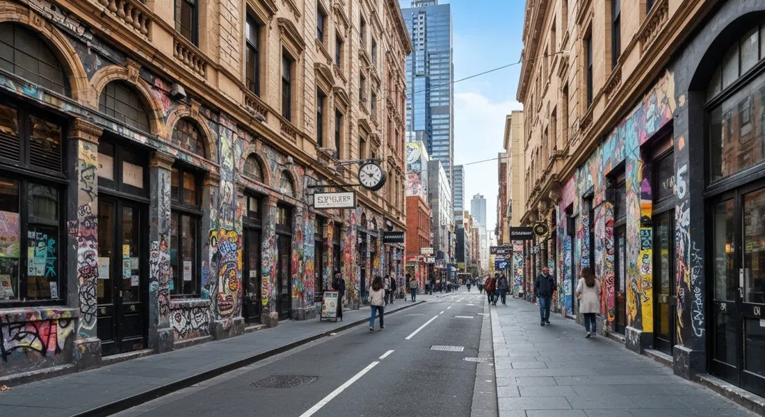 Hosier Lane over for Federation Square, lag af street art, der dækker hver væg, tidligt lys og et par forbipasserende før folkemængderne ankommer