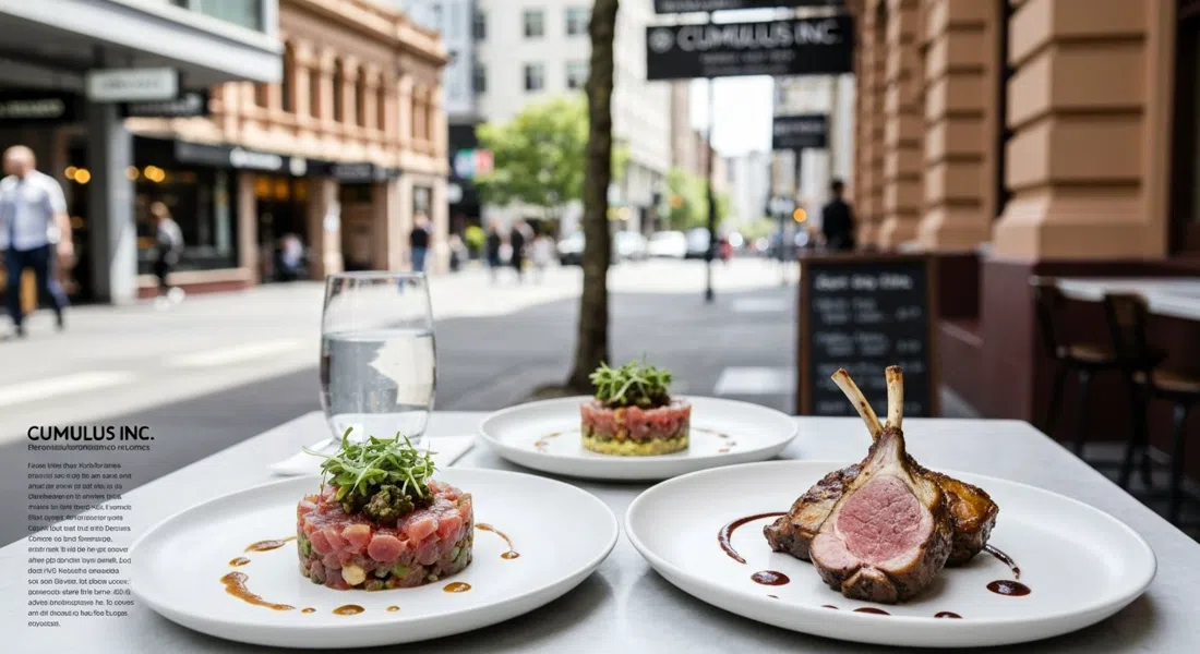 Cumulus Inc. på Flinders Lane ved frokosttid, tallerkener med tun-tartar og langsomt stegt lammeskulder på et lyst all-dags spisebord