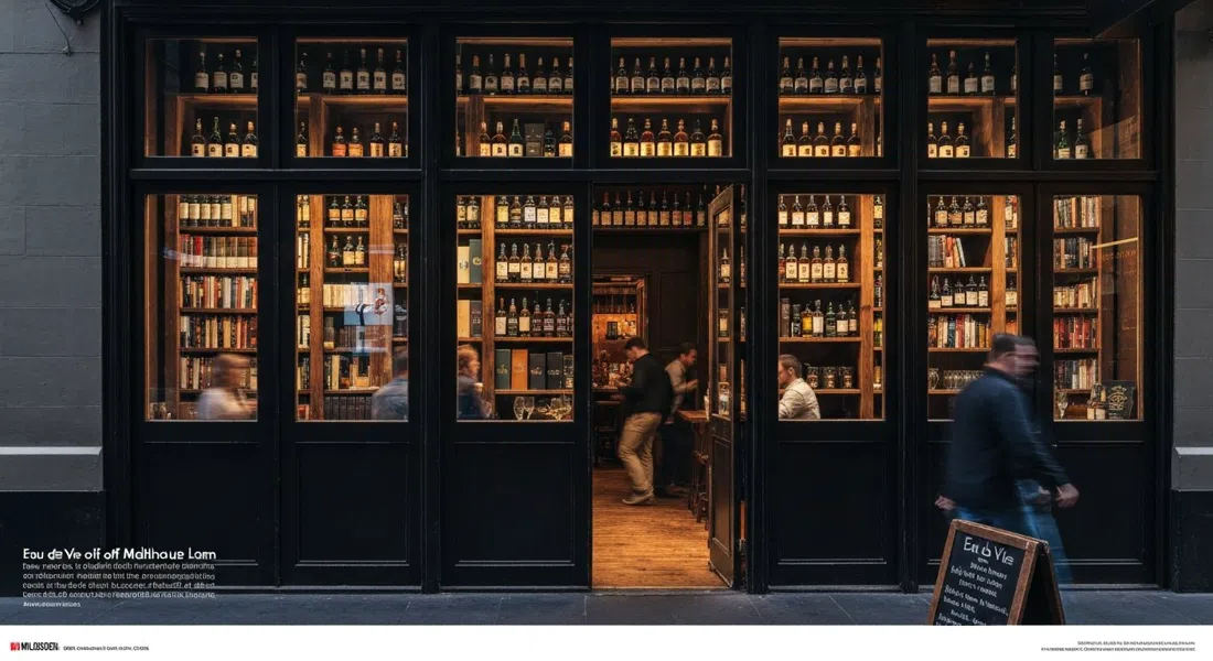Eau de Vie ved Malthouse Lane, dæmpet speakeasy-belysning, det skjulte whiskyrum afsløret bag en bogreol, flasker, der gløder i mørket