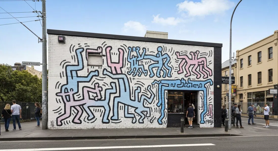 Mural de Keith Haring en la pared de la antigua Escuela Técnica de Collingwood en Collingwood Yards, líneas audaces de 1984 y color en un distrito artístico gratuito en Johnston Street
