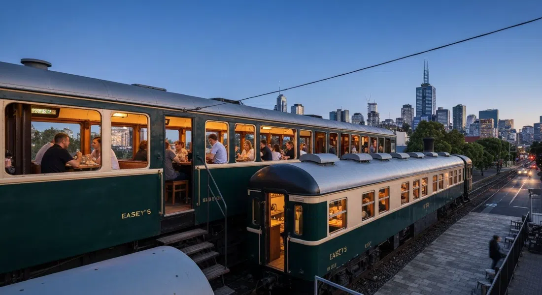 Los vagones de tren en la azotea de Easey’s en Easey Street al atardecer, comensales dentro de los vagones retro mirando hacia Collingwood con vistas a la ciudad más allá
