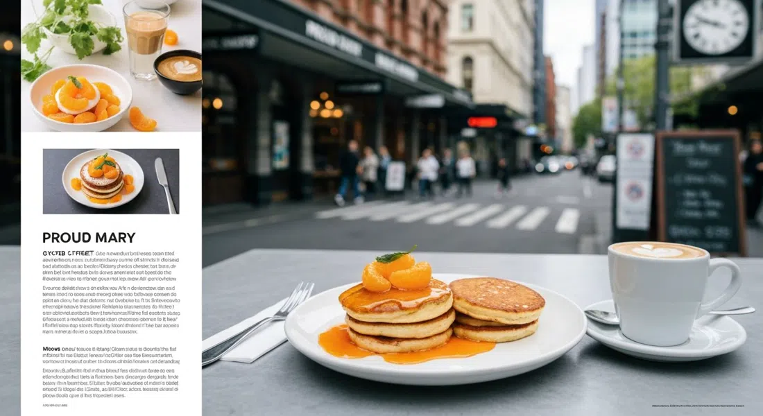 Hotcakes de mandarina y oolong en Proud Mary en Oxford Street, servidos en un entorno de cafetería luminoso junto a un café cuidadosamente servido