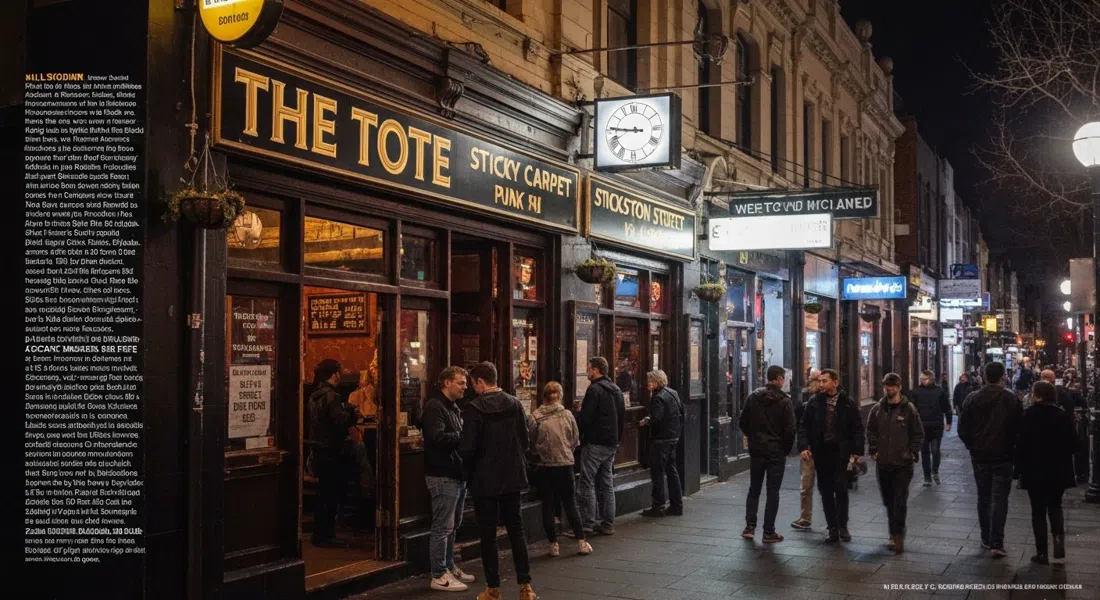 The Tote en Johnston Street de noche, el exterior del pub de alfombra pegajosa brillando bajo el letrero antes de un concierto punk