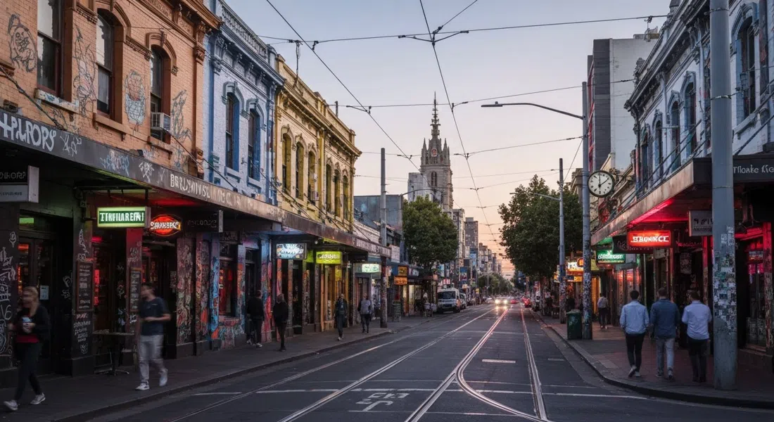 Brunswick Street en Fitzroy al atardecer, cables de tranvía sobre la cabeza, terrazas cubiertas de murales y letreros de neón brillando a lo largo de la calle