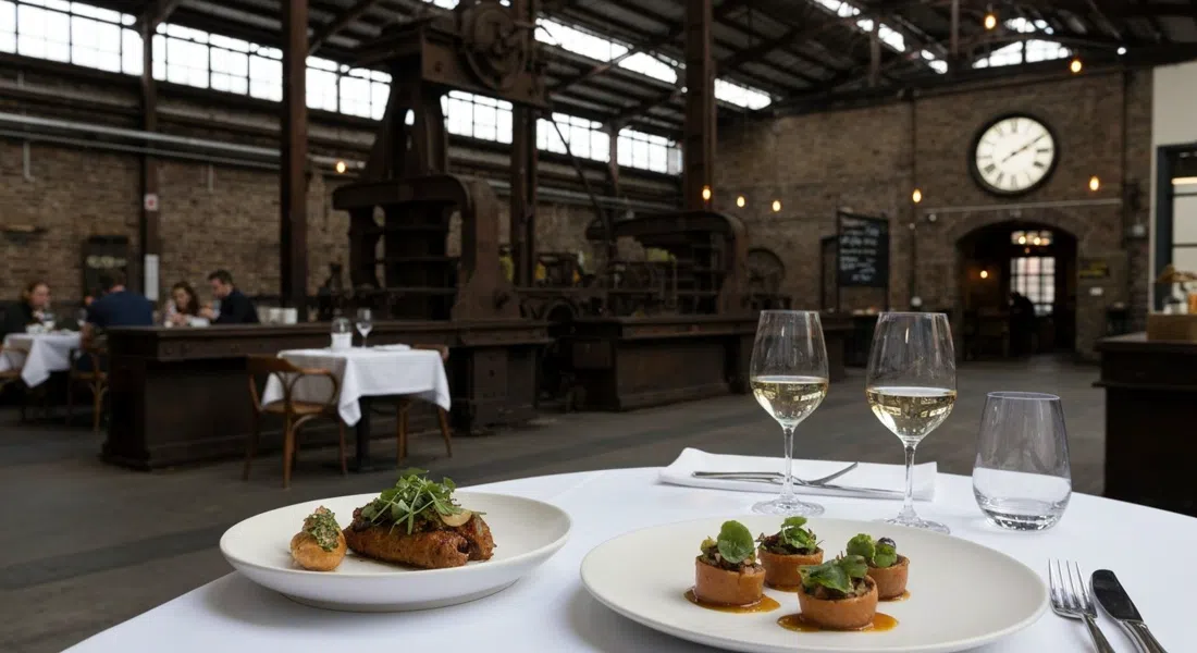 un plato de degustación pulido en Cutler & Co en Fitzroy, emplatado de alta cocina sobre mantel blanco dentro de una antigua metalúrgica