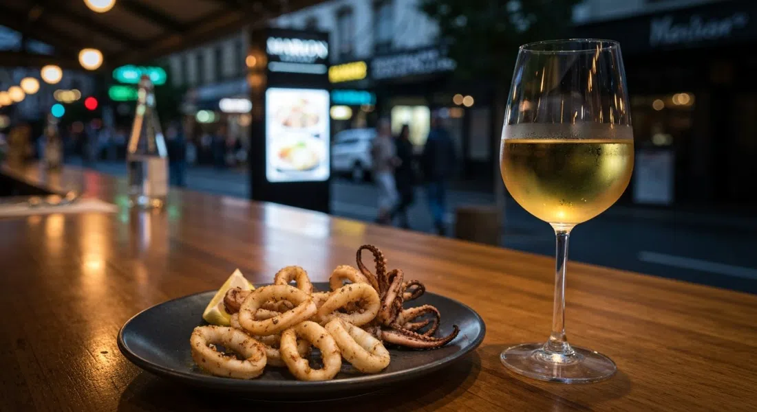 calamares a la parrilla y una copa de vino natural en Marion en Gertrude Street, barra de bar con poca luz y ambiente cálido de noche