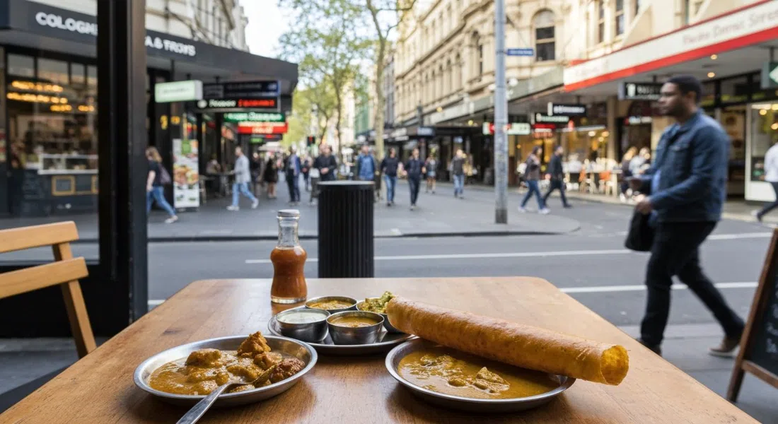 un dosa y curry en Mukka en Brunswick Street, mesa informal para llevar con energía callejera bulliciosa afuera