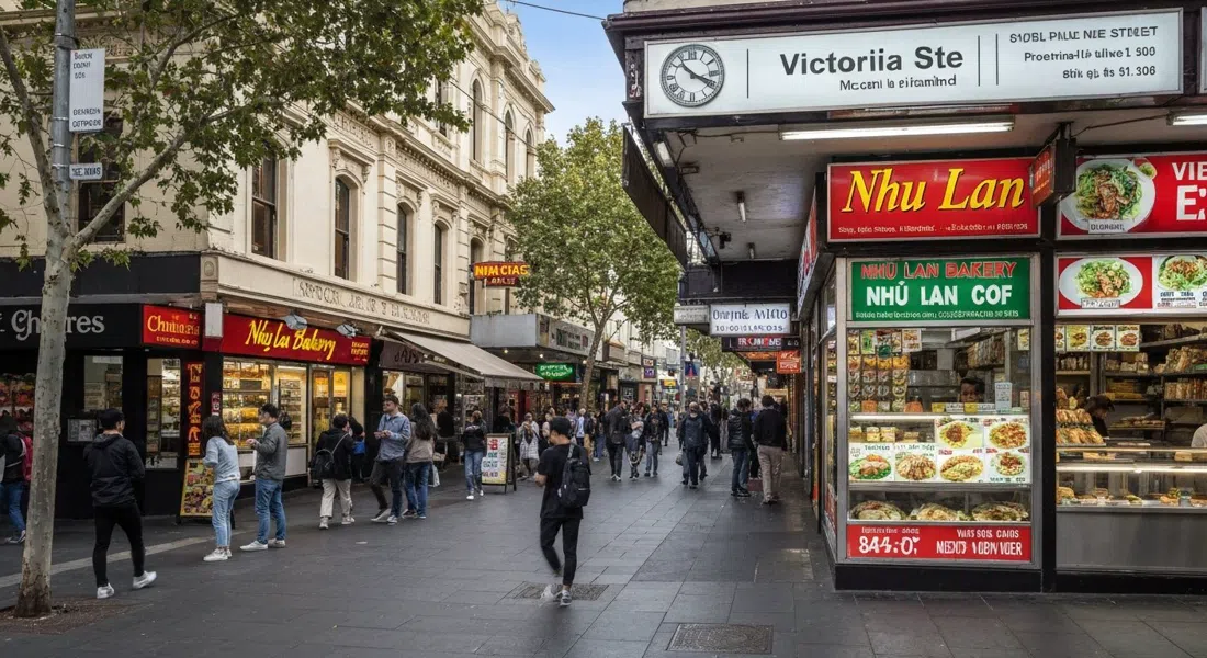 Victoria Street en Richmond a la hora del almuerzo, colas frente a Nhu Lan Bakery y escaparates fluorescentes llenos de carteles de comida vietnamita