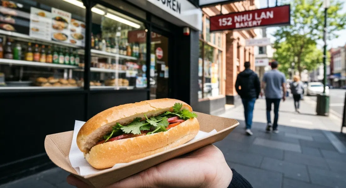un bánh mì de Nhu Lan Bakery en una bandeja de papel, con la corteza abierta junto al local de 152 Victoria Street