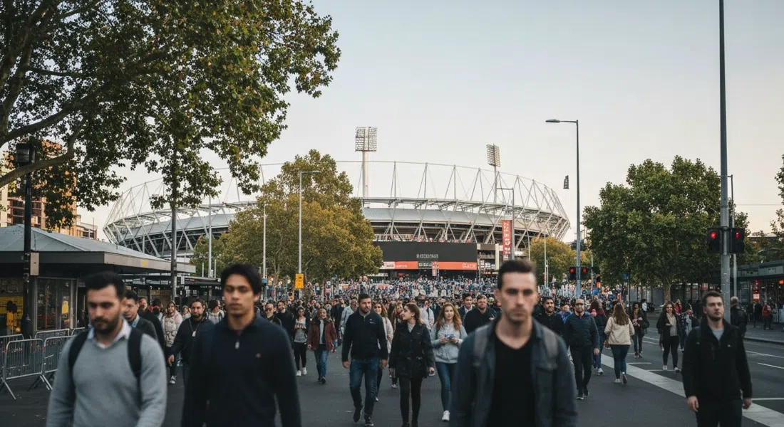 el MCG al otro lado de Yarra Park en un día de partido, multitudes con bufandas caminando hacia el estadio bajo un cielo pálido de Melbourne