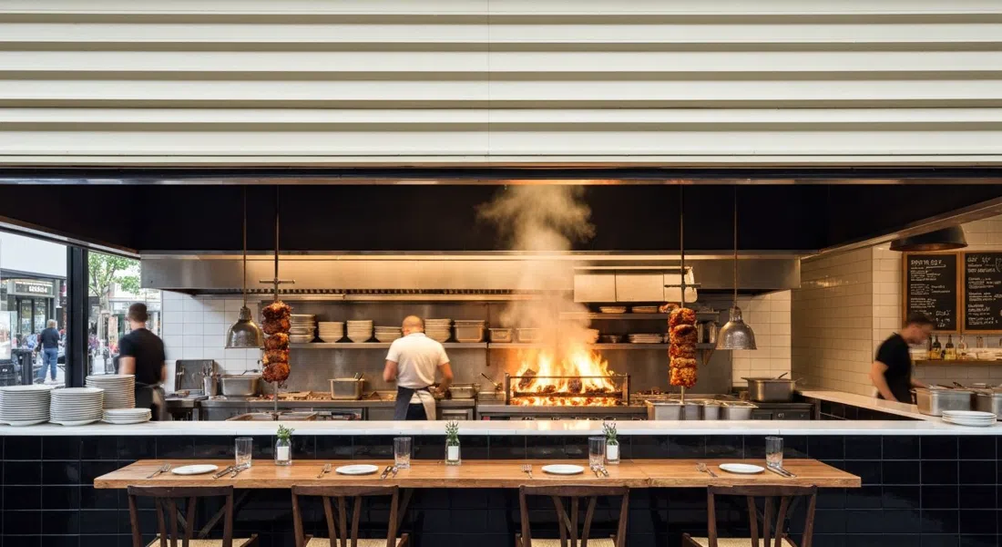la cocina abierta en Matilda 159 Domain con una rotisería y un resplandor de fuego vivo, platos ahumados y con productos locales en el pasillo