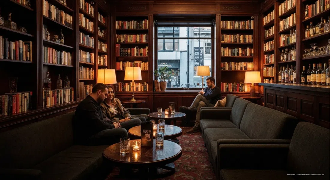 el salón estilo biblioteca en Katuk en Chapel Street, lámparas cálidas, sofás y vasos de whisky en un bar de esquina tranquilo