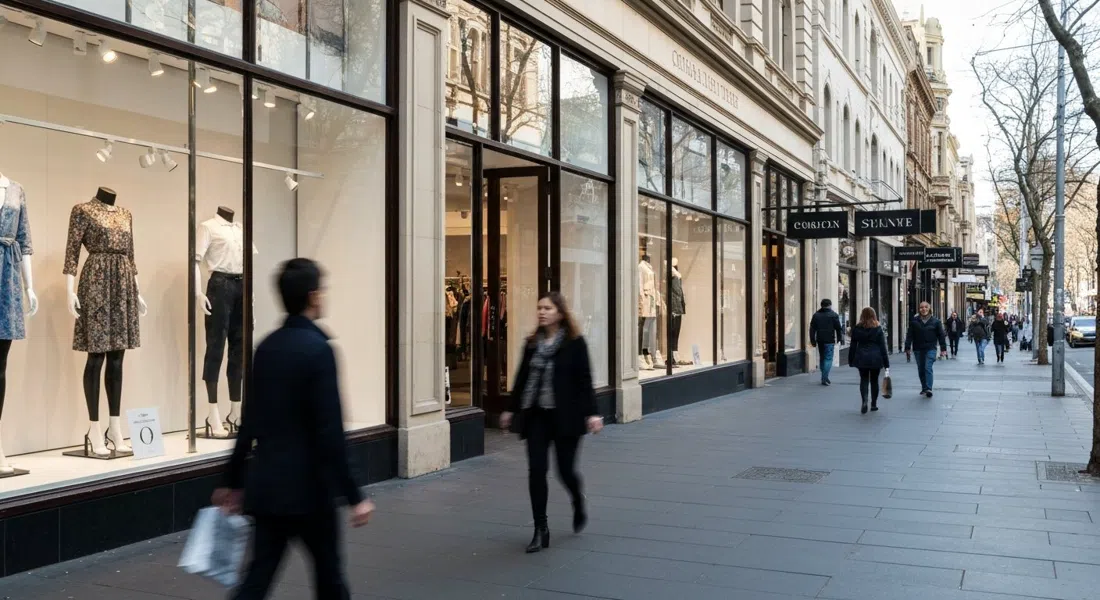 Escaparates de moda en Chapel Street en South Yarra con exhibiciones de moda y brillantes reflejos de la tarde, peatones pasando frente a las brillantes fachadas de las tiendas