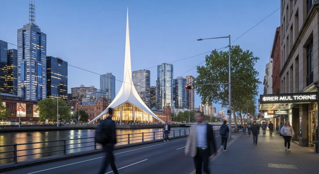 La aguja blanca del Arts Centre Melbourne brillando contra el cielo vespertino en St Kilda Road, con el Yarra y las torres de vidrio más allá