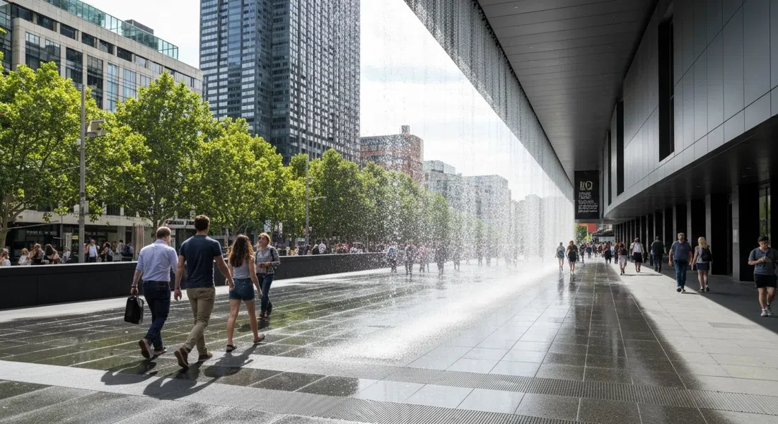 Die Water Wall an der NGV International mit Besuchern, die am helllichten Tag durch den Wasservorhang am Eingang gehen