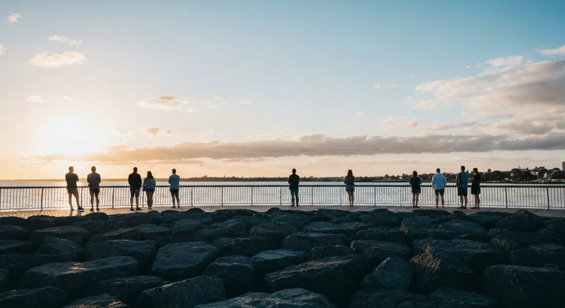 La pasarela de observación del Rompeolas de St Kilda al atardecer, siluetas de visitantes frente a las rocas mientras la bahía se vuelve azul plateado