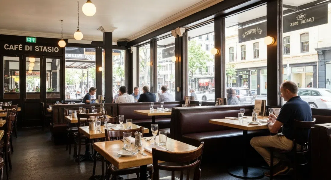 El comedor con chaquetas blancas de Cafe Di Stasio en Fitzroy Street, mesas pulidas preparadas para el almuerzo y luz suave del día a través de las ventanas
