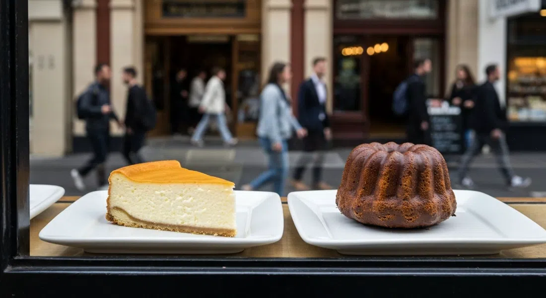 Una porción de tarta de queso polaca y un kugelhopf de chocolate en la ventana de Monarch Cakes en Acland Street, luz de la tarde atrapando el azúcar glas