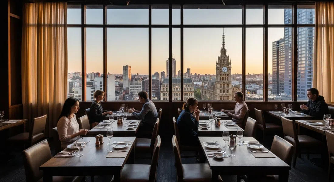 El comedor con ventana de la bahía en el piso superior de Mya Tiger dentro del Espy, luz del atardecer en las mesas mientras llega el pato laqueado
